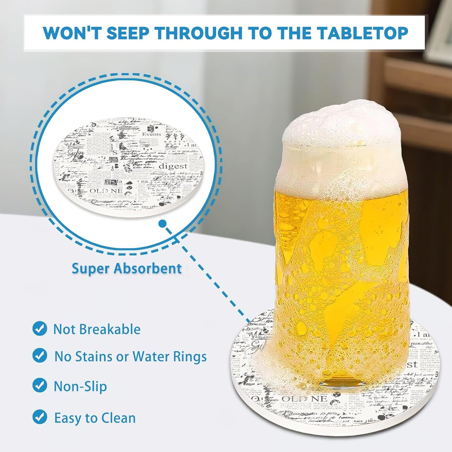 Drinks Coasters Set of 4, Vintage Old Book Page Round 4" Cup Coasters, Absorbent Ceramic Stone Coasters with Cork Base, Cute Coasters for Table Home Décor, Ideal Gifts for Women Men