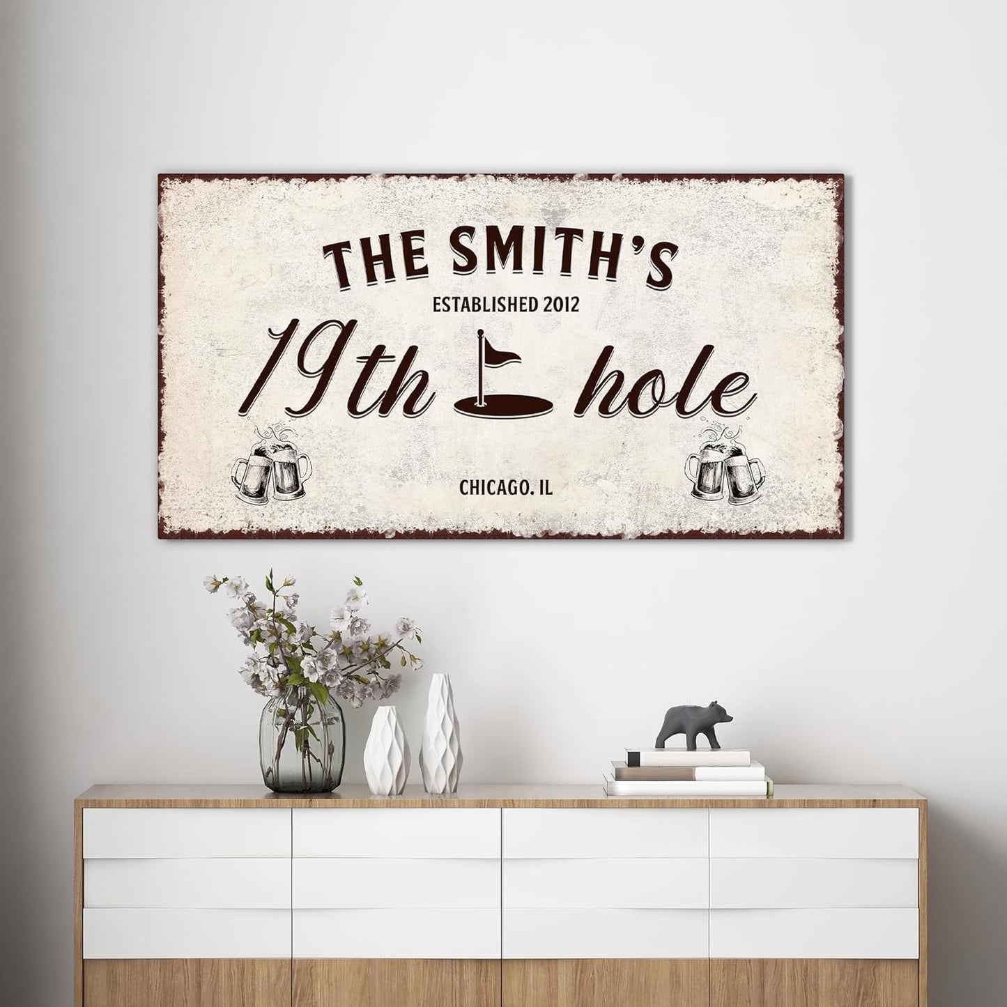 Awesometik 19th Hole Retro Vintage Golf Wall Art Sign with Beer Mugs, 12x24 inches, Wooden Canvas, Wall Mount, Adult Golfer Man Cave Bar Decor