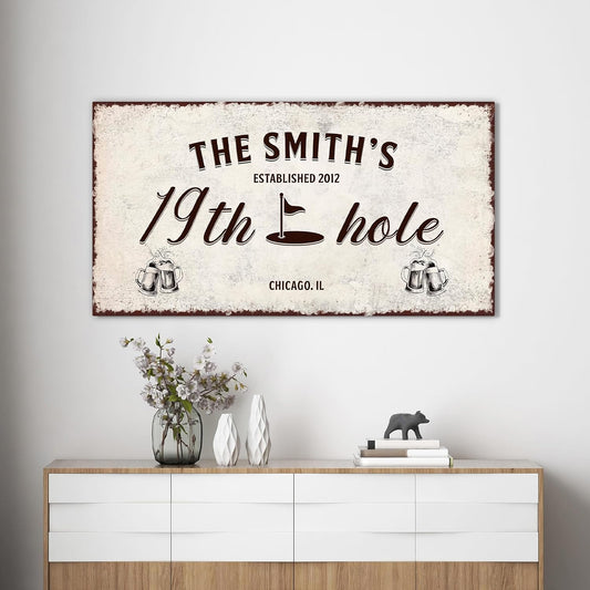 Awesometik 19th Hole Retro Vintage Golf Wall Art Sign with Beer Mugs, 12x24 inches, Wooden Canvas, Wall Mount, Adult Golfer Man Cave Bar Decor