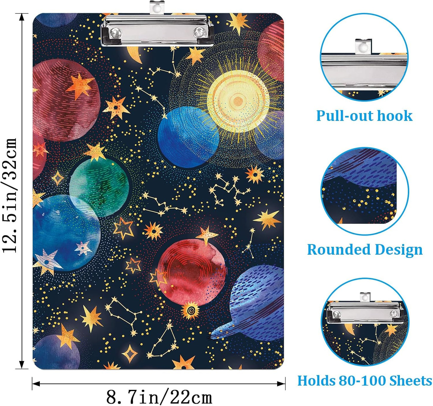 Galaxy Space Design Letter Size Plastic Clipboards for Students Women Man and Kids A4 Standard Size 8.7 x 12.5 with Low Profile Metal Clip