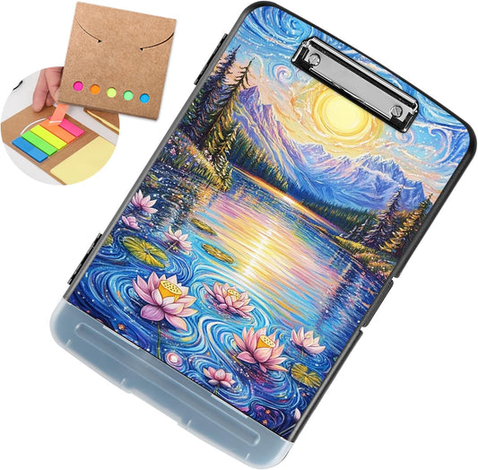 Clipboard with Storage - Large Capacity,Nursing Clipboard with Pen Holder,Heavy Duty,Plastic Side-Opening Folder for Teacher,Nurse - Lotus Sun Lake