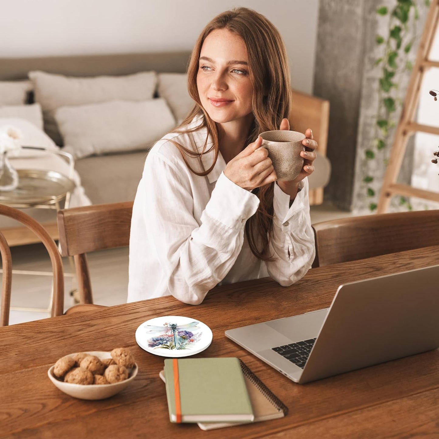 Drinks Coasters Set of 4, Dragonfly Wildflower Round 4" Cup Coasters, Absorbent Ceramic Stone Coasters with Cork Base, Cute Coasters for Table Home Décor, Ideal Gifts for Women Men