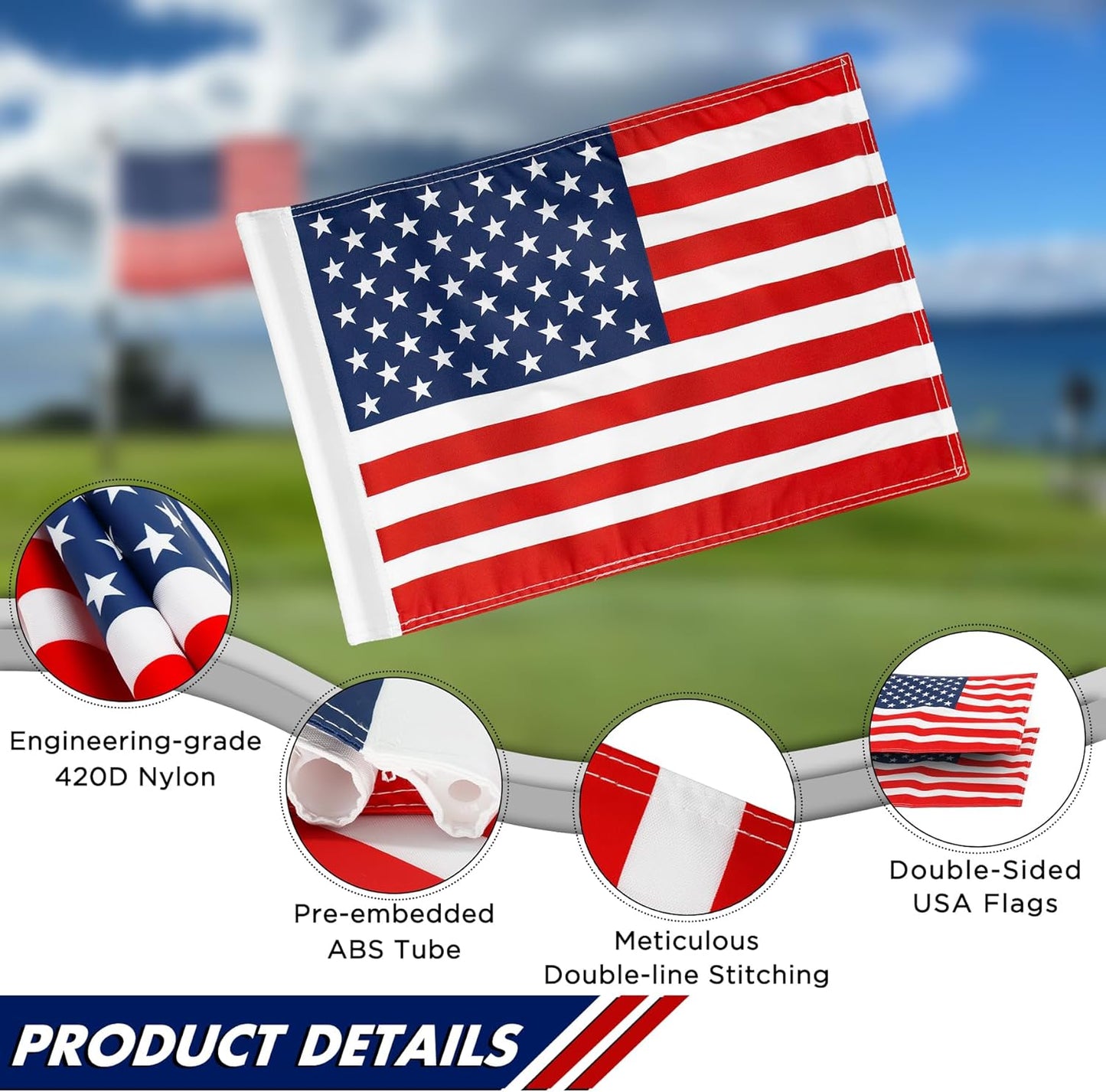KINGTOP USA Golf Flag 20x14 Inch - Tube Inserted, Dual-layer 420D Nylon, Double Sided Printing - Standard Putting Green Flags for Backyard Practice, Golf Courses, Country Club, 1-Pack