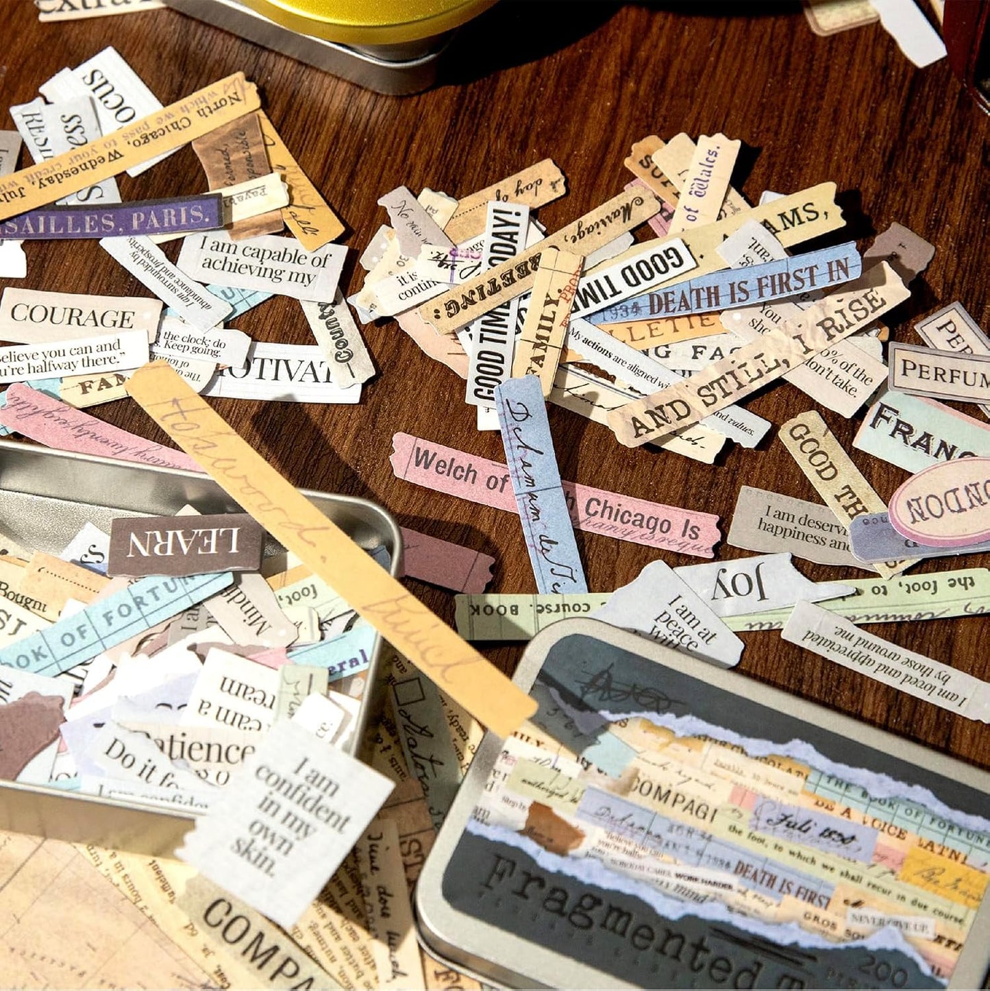 Vintage Fragmented Label Stickers, 400 PCS Washi Ephemera for Scrapbooking, Journaling, Crafting, DIY Projects, Diaries, and Art Supplies - 2 Iron Boxes Included