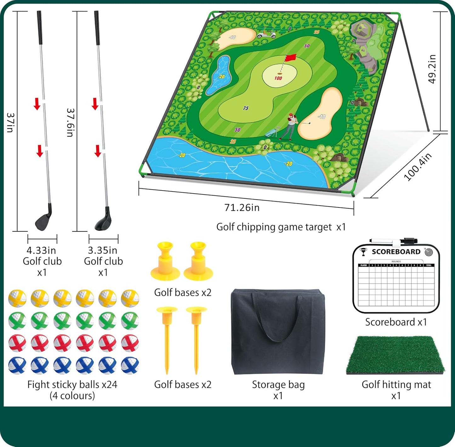 Large Golf Chipping Game, 5.9x5.9 FT Portable Sticky Golf Game for Adults, Outdoor Indoor Golf Chipping Practice with 2 Adjustable Club, 20 Sticky Balls, Carry Bags