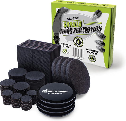 Slipstick GorillaPads Non-Slip Furniture Pads & Furniture Sliders Variety Pack (68 Pieces) Protects a Wide Range of Furniture & Floors, Whole House Furniture Gripper Slider Floor Protector Kit Black