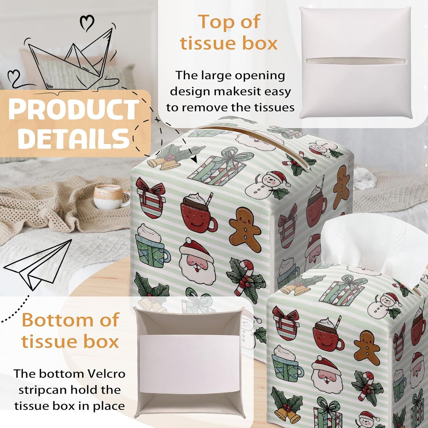 Merry Christmas Tissue Box Holder, Cute Santa Bow Leather Tissue Box Cover Square, Paper Facial Decorative Tissues Cover for Night Stands Bathroom Kitchen Office Home Decor-B30