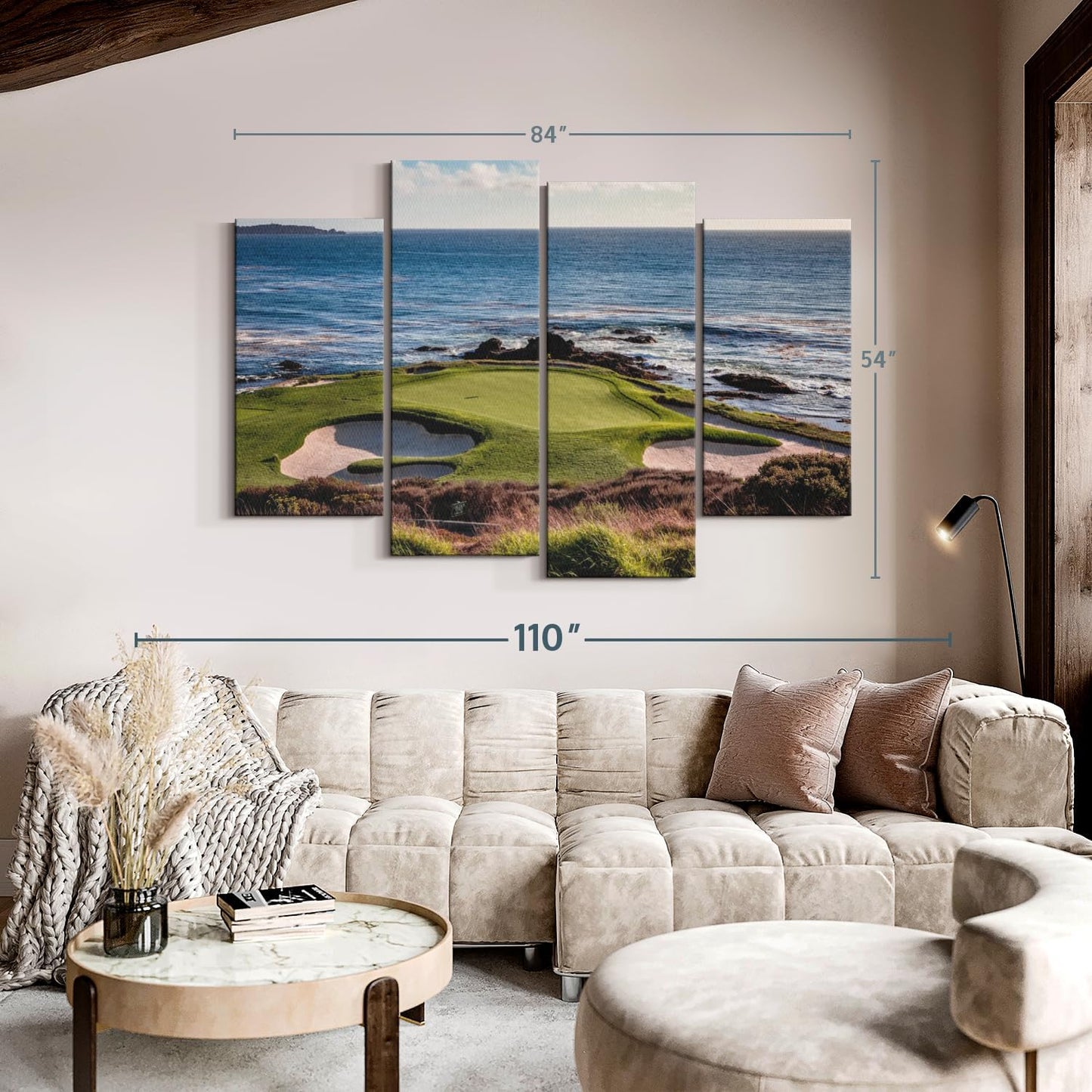 Elephant Stock California Coastline Golf Course Wall Art - Horizontal Canvas - 4-Piece Living Room Wall Decor - Photography Sports Canvas Print - Brown and Beige Decor for Wall - 84" X 54"