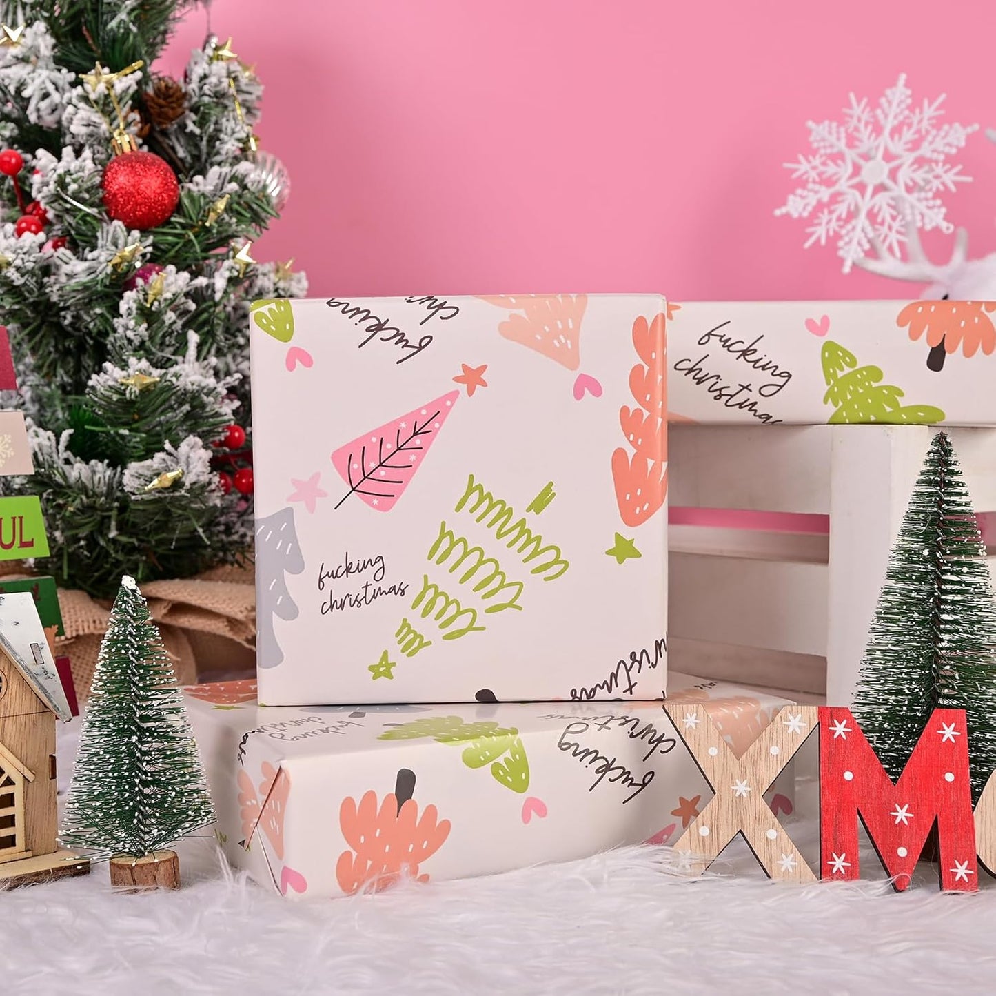 Dtiafu Funny Christmas Tree Wrapping Paper Fuxking Christmas Gift Wrap Paper Bulk Folded Flat Inappropriate Words for Women Men Adult Grandma Holiday Birthday (6 Pack)