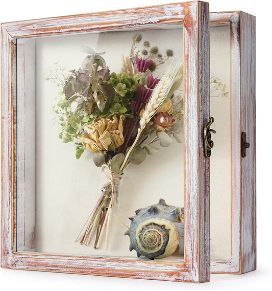 TJ.MOREE Flowers Shadow Box Display Case 12 x 12 Shadow Box Frame with Glass Window Door Farmhouse Picture Frame Wedding Bouquet Memorabilia Photos Memory Box for Keepsakes - White Pink
