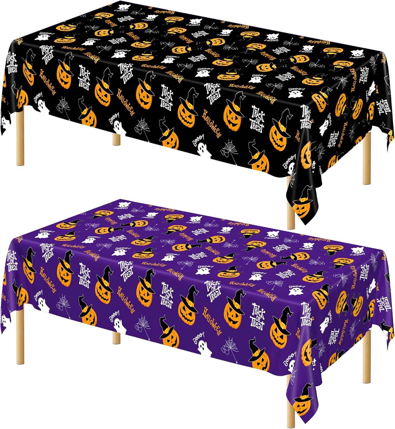 QZYL 2 Pack Halloween Table Cloths, 54 in x 108 in Pumpkin Party Decorations, Purple Black Tablecloth Disposable Plastic Table Cloth Tablecover, Halloween Party Decor Dinnerware Home