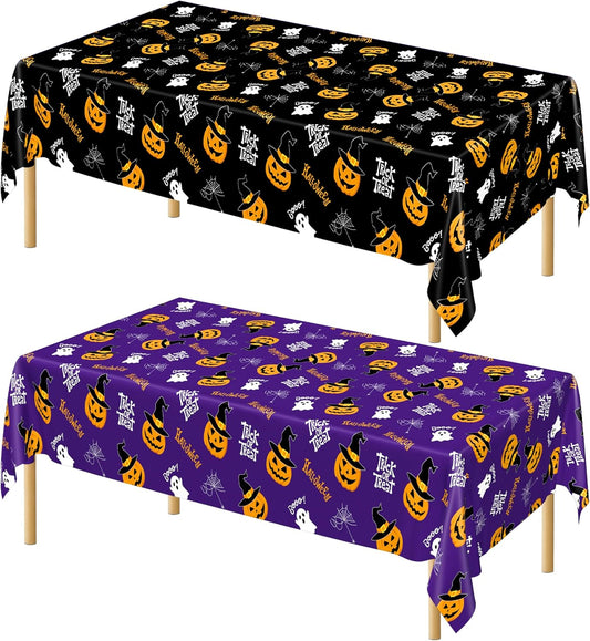 QZYL 2 Pack Halloween Table Cloths, 54 in x 108 in Pumpkin Party Decorations, Purple Black Tablecloth Disposable Plastic Table Cloth Tablecover, Halloween Party Decor Dinnerware Home