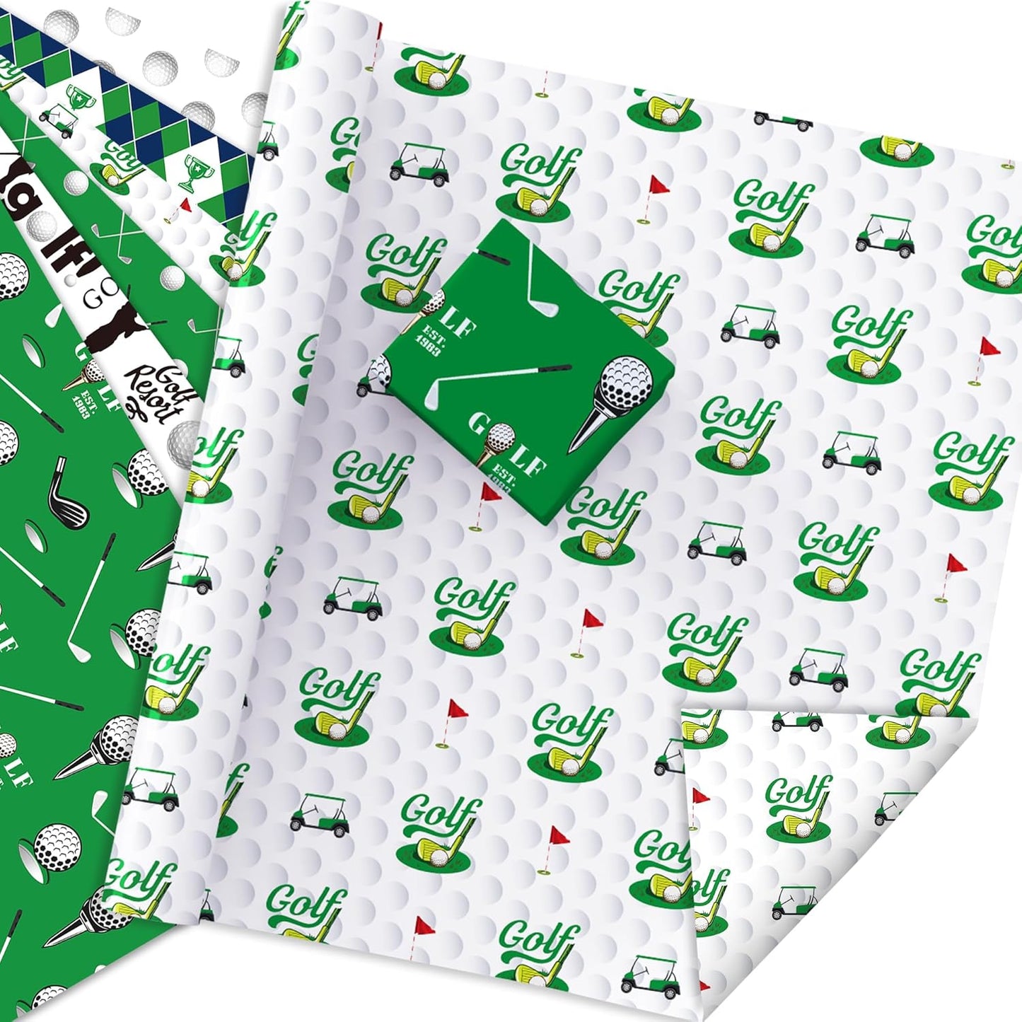 Golf Wrapping Paper Set, 12 Sheets Golf Patterns Gift Wrap Paper Golf Clubs, Balls, Carts, and Green Argyle Designs Theme Art Paper for Wedding Bridal Shower Baby Shower 20'' x 27'' , 6 Styles