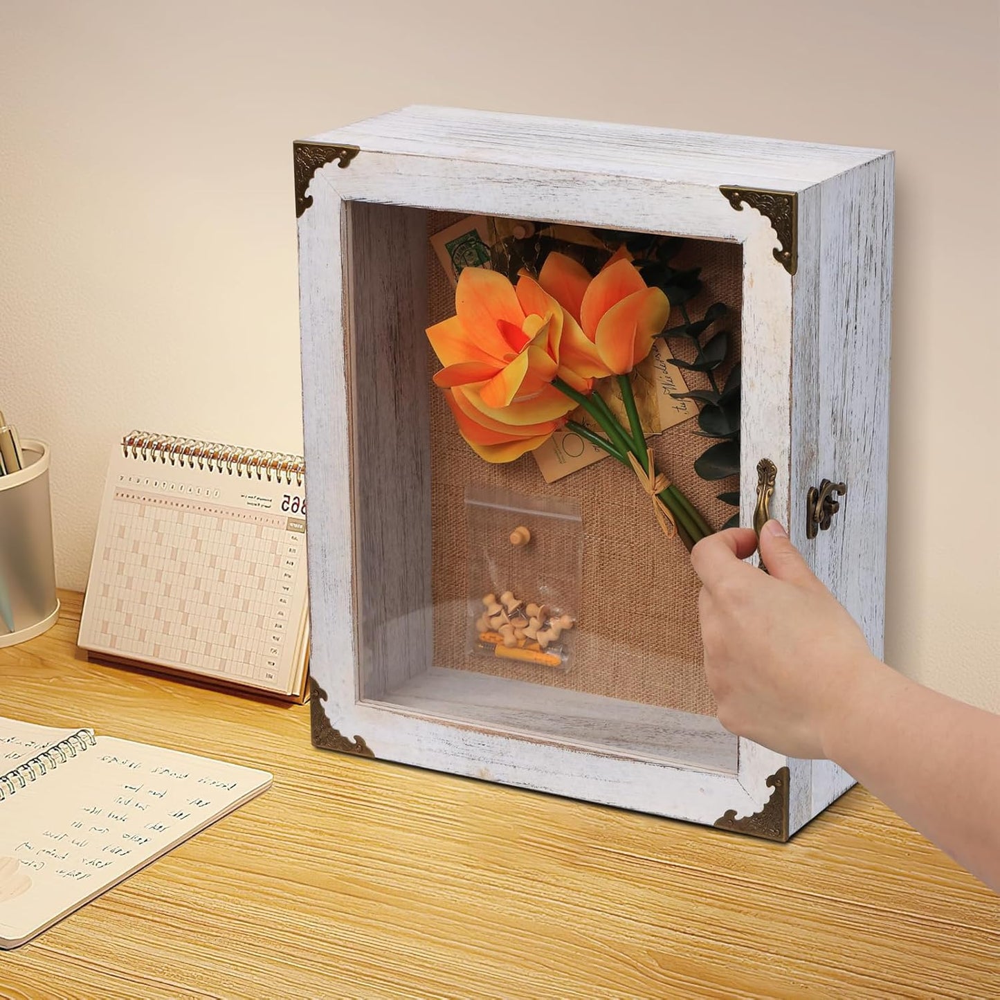 Shadow Box 11x13 Display Case, 5 Inch Extra Deep Shadow Box Frame , Acrylic Door, White Solid Wood Shadow Box with Linen Back & Pins, Rustic Metal Corners, Wall Mounted Keepsake Display Cabinet