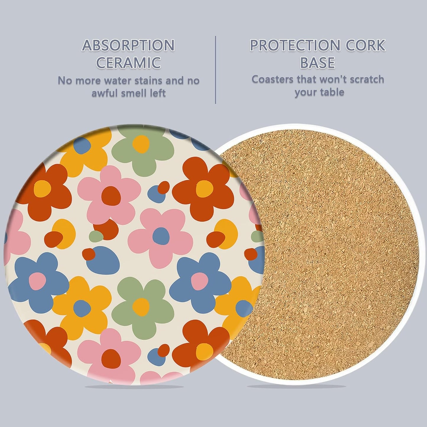 Drink Coasters Set of 6 with Holder, Vintage Groovy Flowers Absorbent Ceramic Drink Coaster for Tabletop Protection,Suitable for Kinds of Cups,Drinks Coasters for Home Office Decoration(4 Inches)