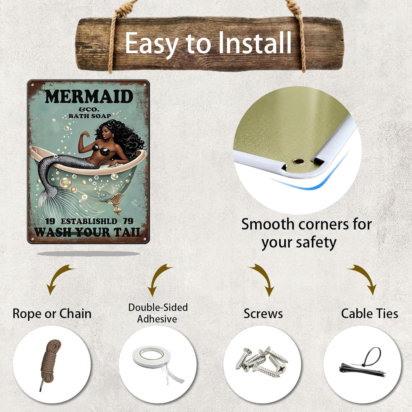 Funny Mermaid Company Bath Soap Metal Signs Wash Your Tail Sign Vintage Tin Sign Wall Decor Retro Tin Signs for Room Living Room Bathroom Toilet Hotel 12x16 Inch