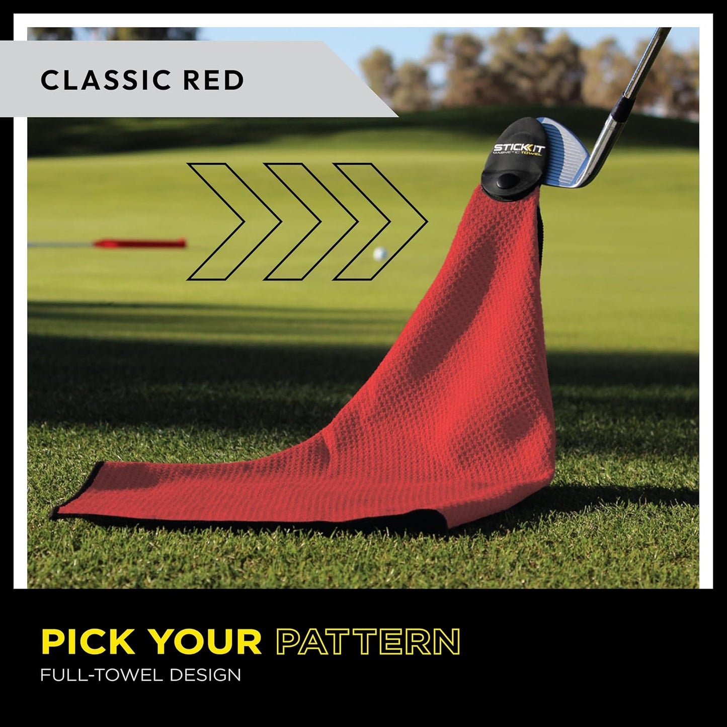 STICKIT Magnetic Golf Towel, Red, Premium 29" Microfiber with Deep Waffle Pockets, Industrial Strength Magnet for Secure Hold to Golf Carts & Clubs, Ultra-Absorbent, Fast-Drying, Easy-Clean Design