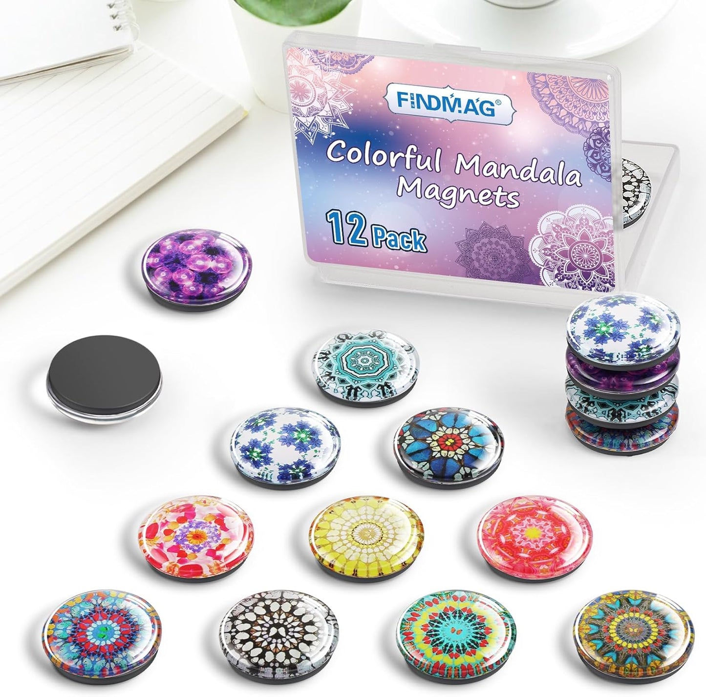 FINDMAG 12 Pcs Glass Fridge Magnets, Cute Fridge Magnet Sticker, Strong Refrigerator Magnets Heavy Duty, Small Magnets for Whiteboard, Classroom, Kitchen, Office, Home and Cabinet