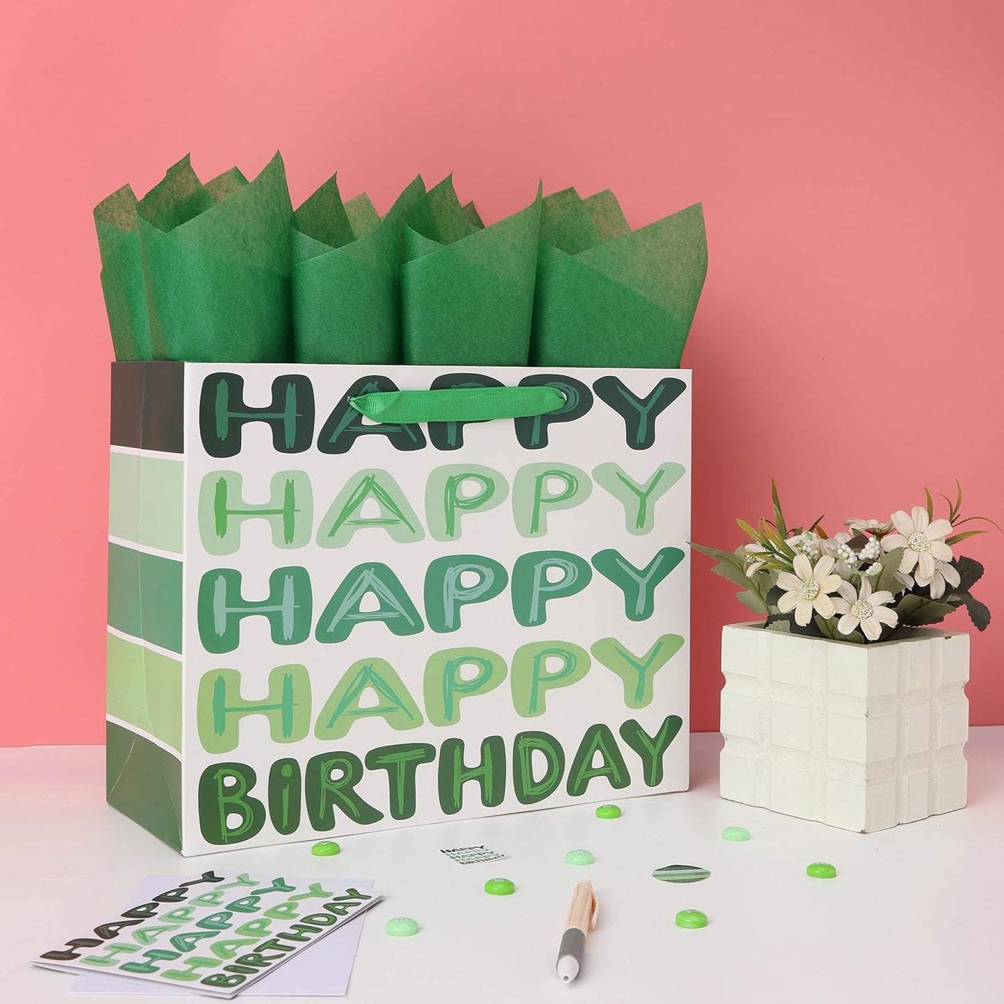 13'' Large Green Happy Birthday Gift Bag Set with Handles, Greeting Card, Tissue Papers and Stickers for Women Girls Men Boys Kids Teens, Words Design, 1 Pcs