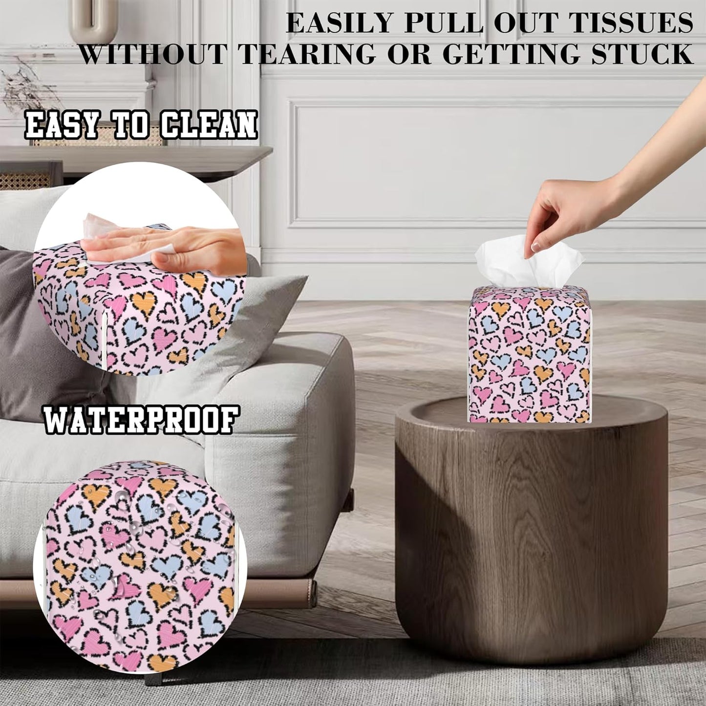 Colorful Heart Leopard Print Tissue Box Cover Square, Tissue Box Holder Leather Facial Paper Case Decorative Organizer Holder Dispenser Home Office Car Decor
