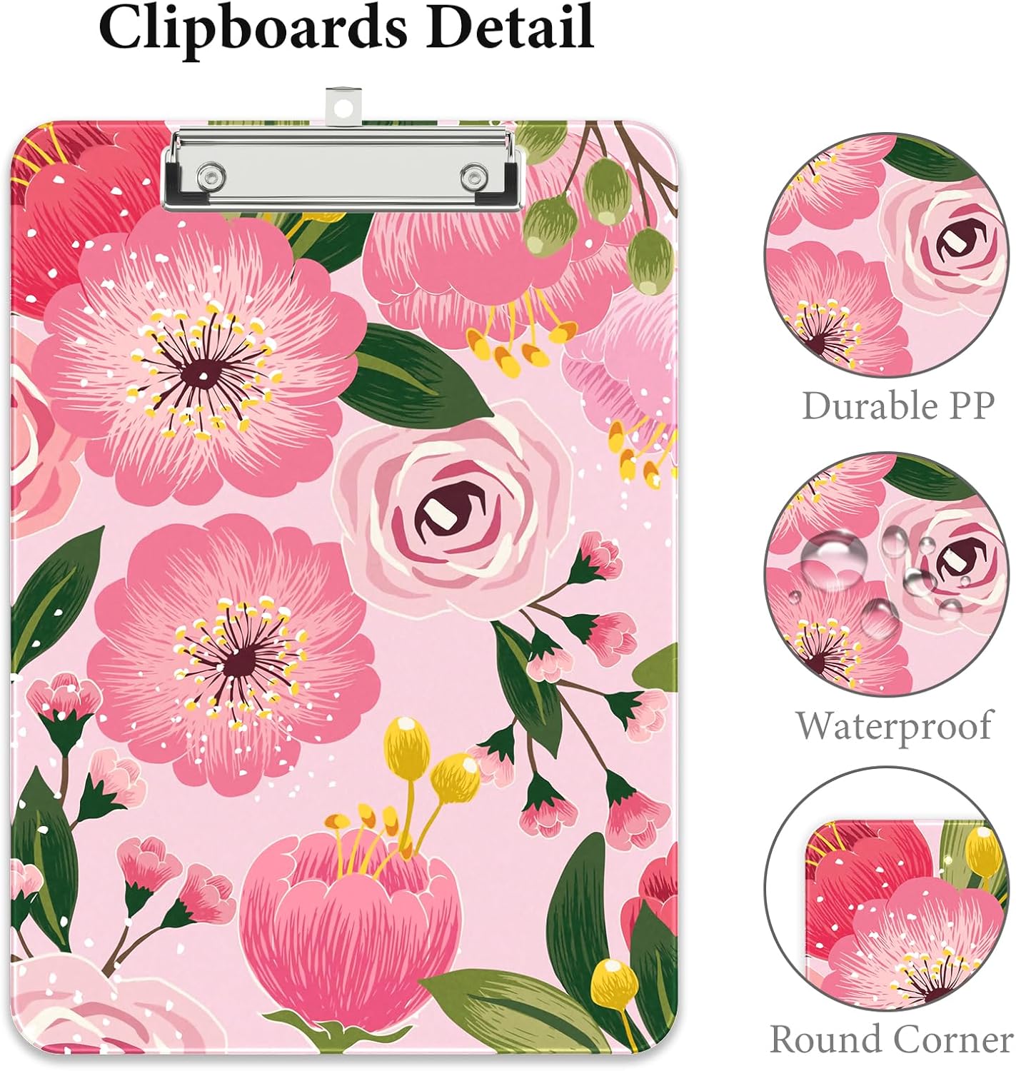 Rimilak Plastic Clipboards with Metal Clip, A4 Letter Size 9 x 12.5 in, Office Decorative for Students Women Men and Kids, Cute Custom Pattern, Pink Flower