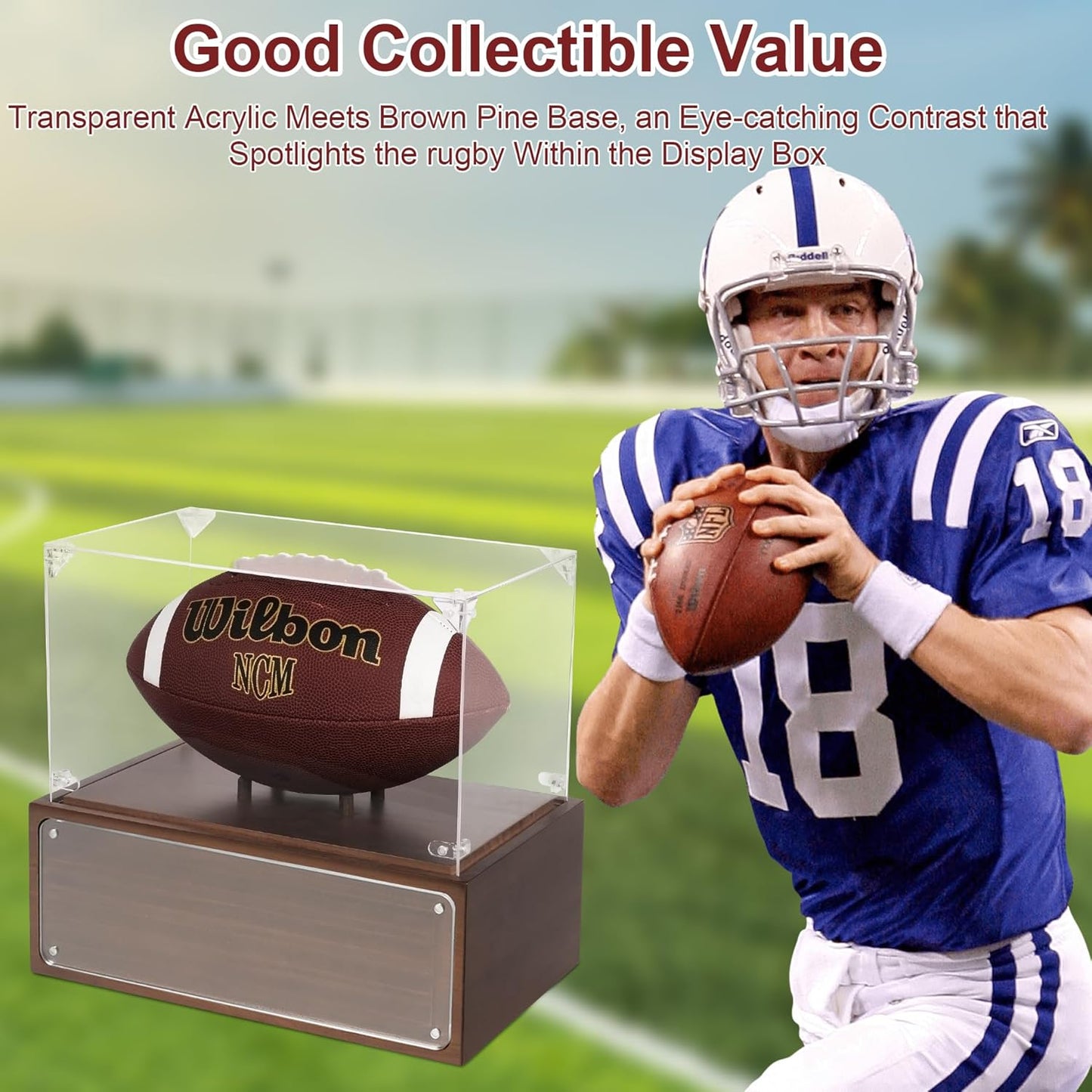 Football Display Case Stand with Solid Wood Base, Uv Protected Acrylic Rugby Case Display Clear Autographed Football Holder, Standard Memorabilia Keepsake Required Football Display Box