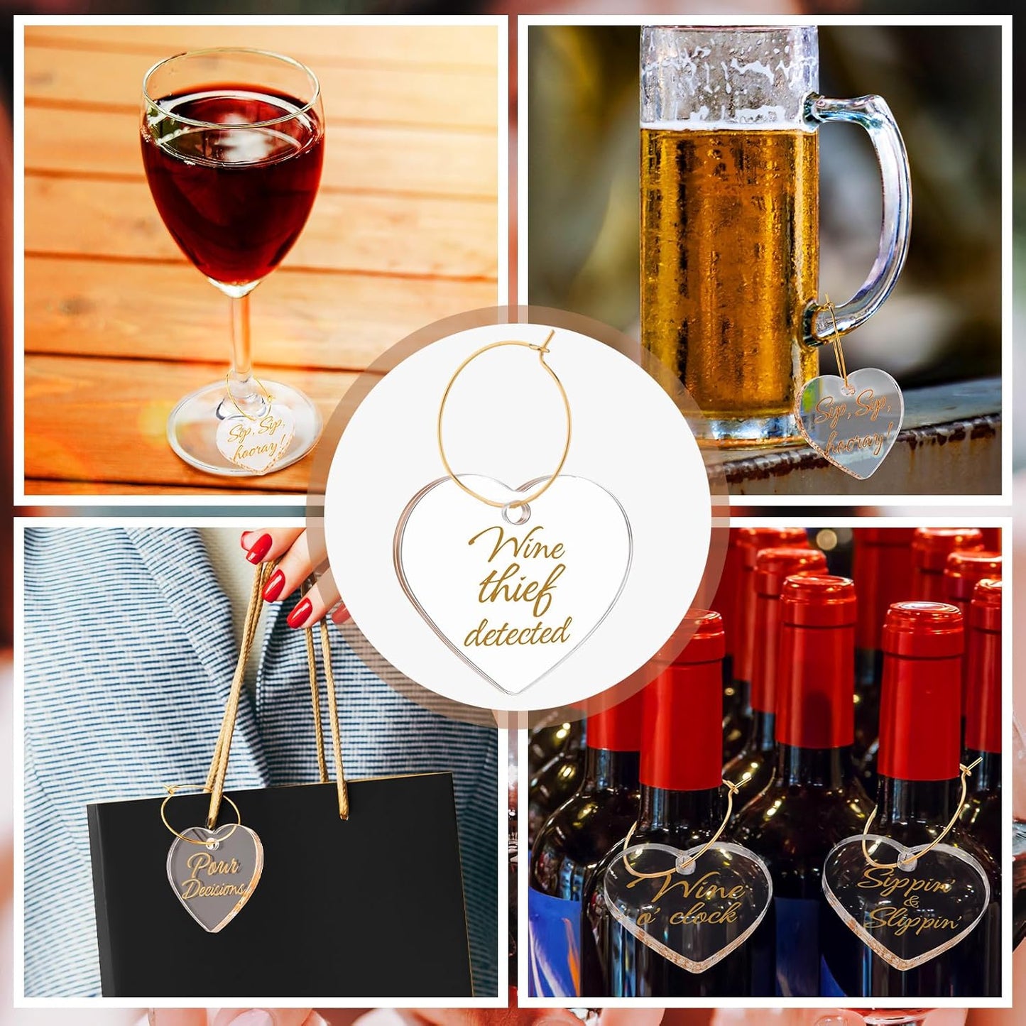 Weysat 24 Pcs Acrylic Thanksgiving Wine Glass Charms with Funny Quotes & Gold Text, Reusable Drink Identifiers Tags with Storage Bag for Birthday Parties Weddings Supplies