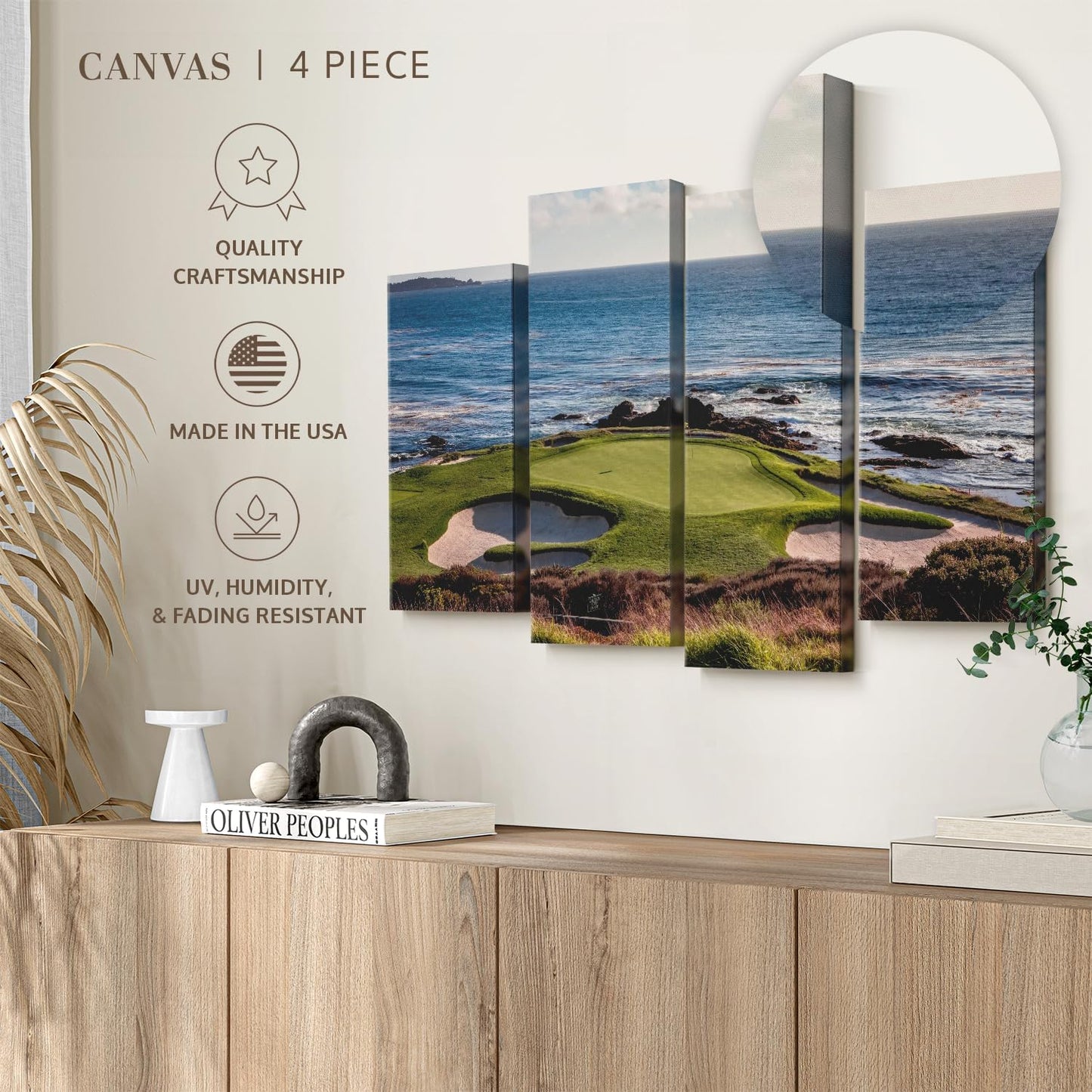 Elephant Stock California Coastline Golf Course Wall Art - Horizontal Canvas - 4-Piece Living Room Wall Decor - Photography Sports Canvas Print - Brown and Beige Decor for Wall - 24" X 14"