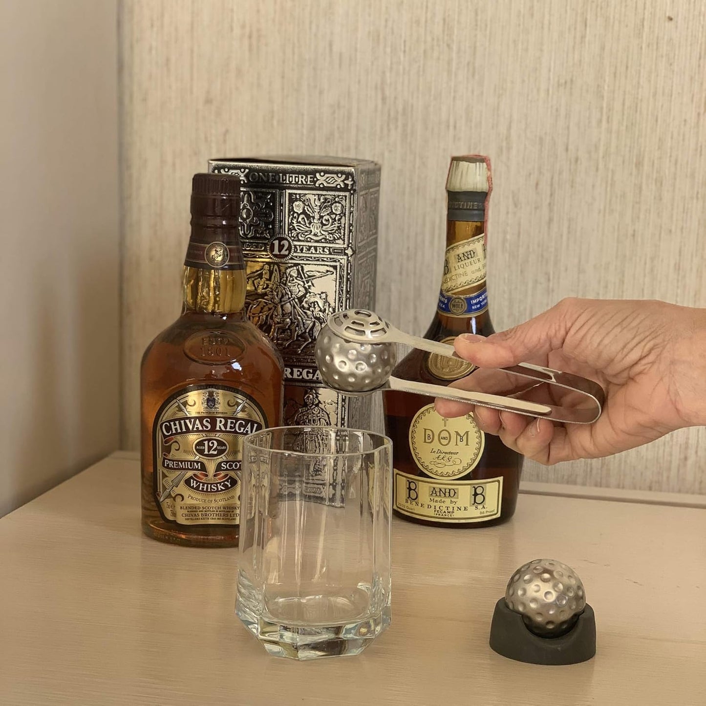 Outset Stainless Steel Whiskey Stone Set, 2 Golf Ball Chillers with Tongs and Storage Bag