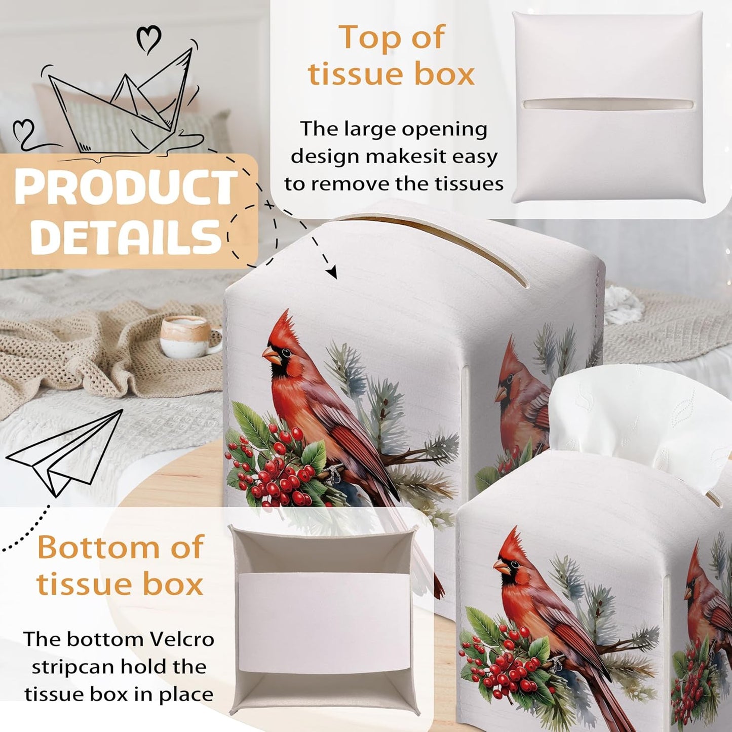 Christmas Tissue Box Holder, Christmas Cardinal Leather Tissue Box Cover Square with Bottom Belt, Paper Facial Decorative Tissues Cover for Night Stands Bathroom Office Home Decor-B11