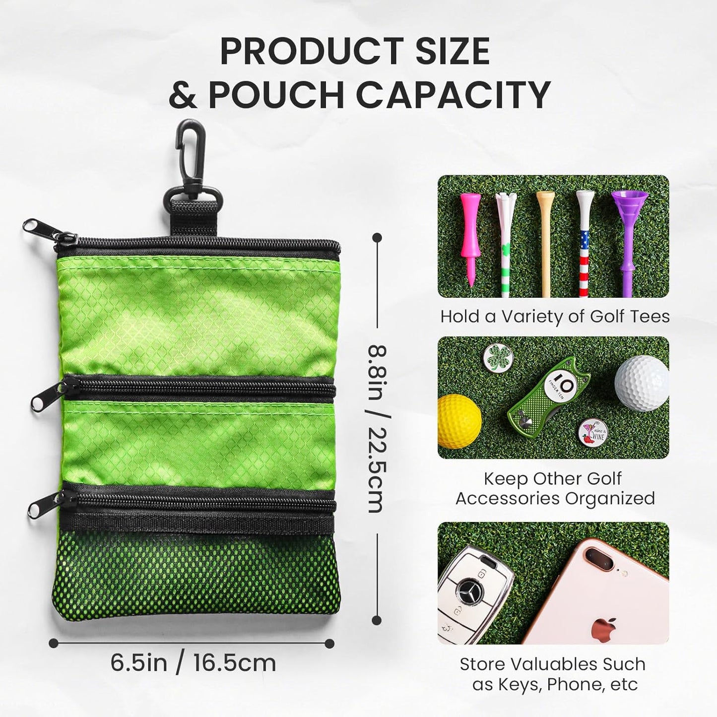 FINGER TEN Golf Pouch Bag for Valuables Tee Color with 4 Golf Pencil Pack, Zippered Pocket Gear Clip Hook to Bag