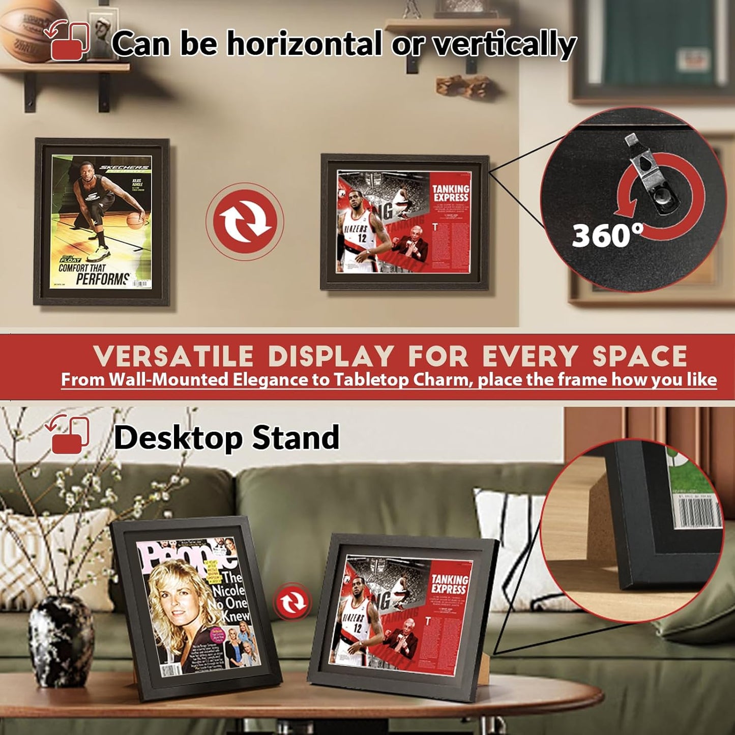 JupDec Sports Magazine Frame 2 Pack, Premium Wood Display Case for 8" x 10.5" Magazines, Wall Mount or Tabletop Stand, Layered Design with Positioning Mat, Perfect for Sports Fans & Home Decor, White