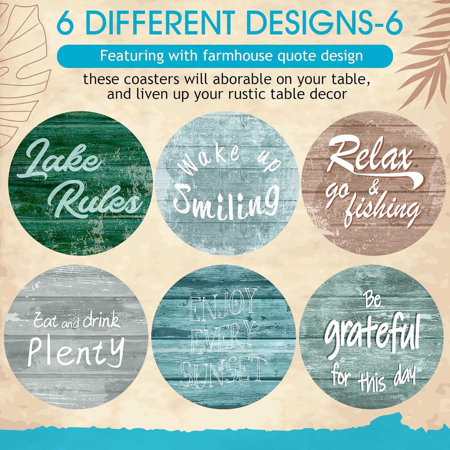 Queekay 6 Set Lake Theme Coasters with Holder for Drinks, Lake Lovers House Gifts, 4'' Wooden Coasters with Sayings Housewarming Gifts for Home Bar Coffee Table Decorations(Blue Color)