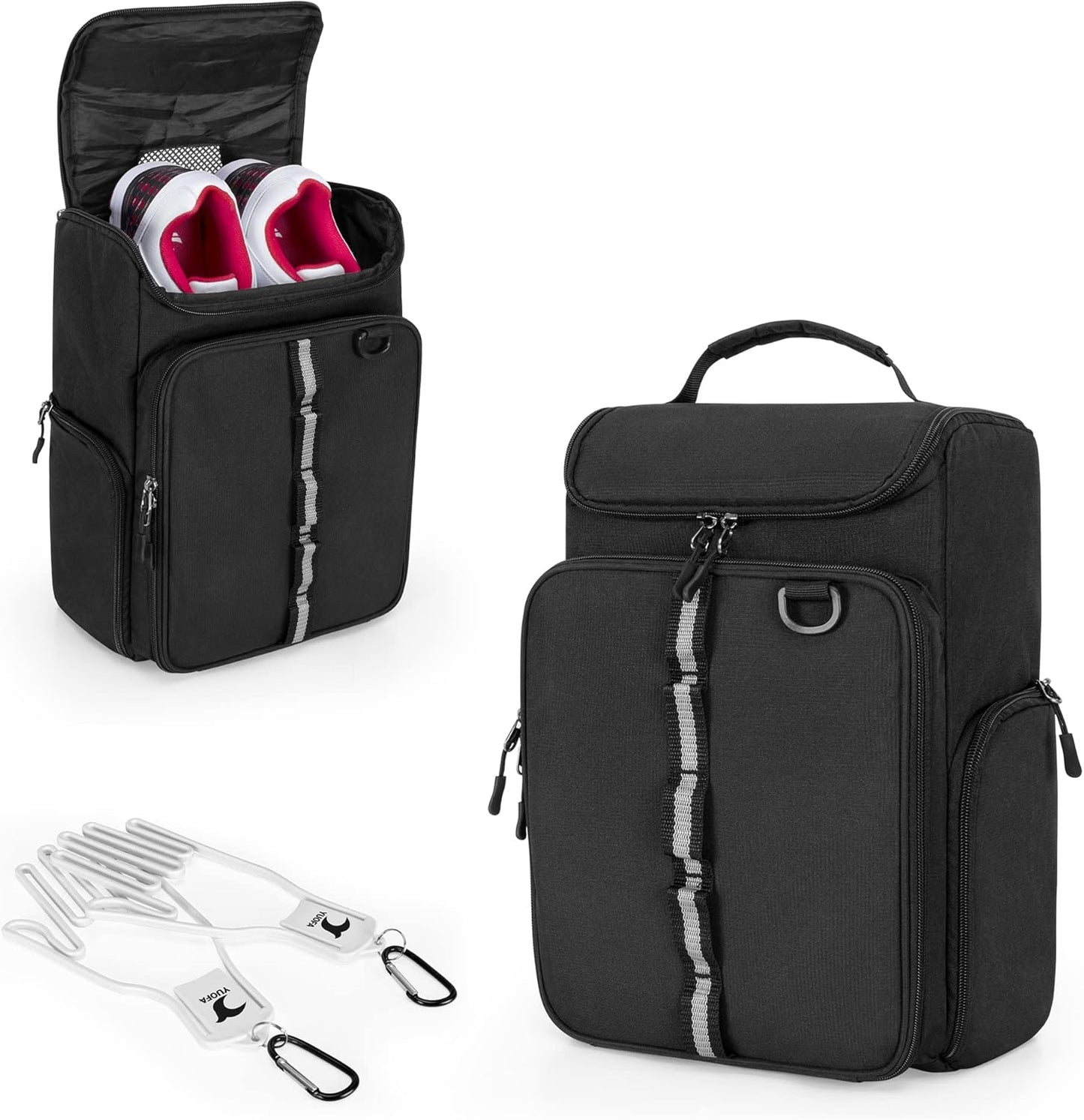 Golf Shoe Bag Holds A Pair of Shoes US Mens 14, Golf Shoe Carrier with Free Gloves Holders (A Pair), Front and Side Accessory Pockets for Tees, Gloves and Ball, Black