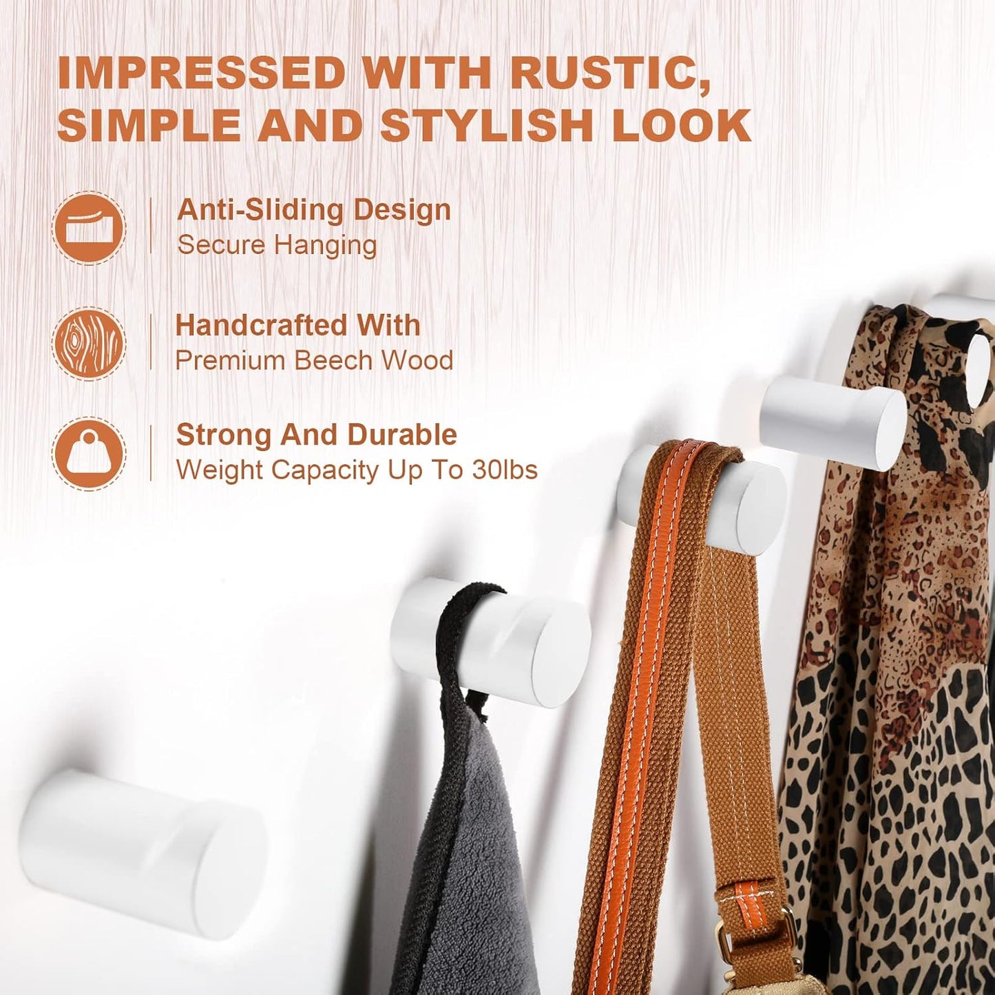 12 Pack Wood Wall Hooks, Modern Decorative Coat Hooks Wall Mounted, Handmade White Hat Hooks Heavy Duty Entryway Wall Hangers for Hanging Towels Robes Purses (White)