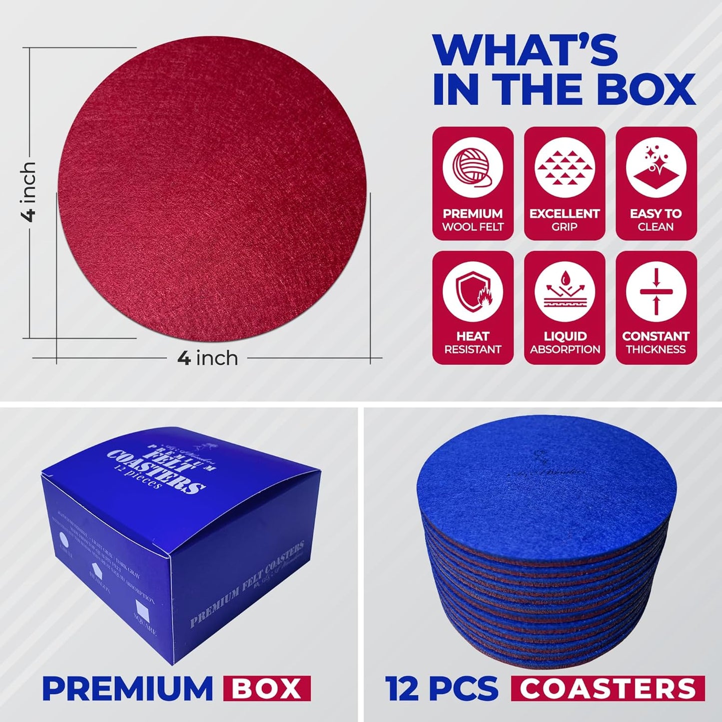 A&A Wonders Premium Felt Coasters for Drink, Two-Tone Reversible, Absorbent Felt Protects Furniture, Table, Anti Slip, Suitable for Drinks & All Table Types (Wine Red/Royal Blue, Circle 12 Pack)