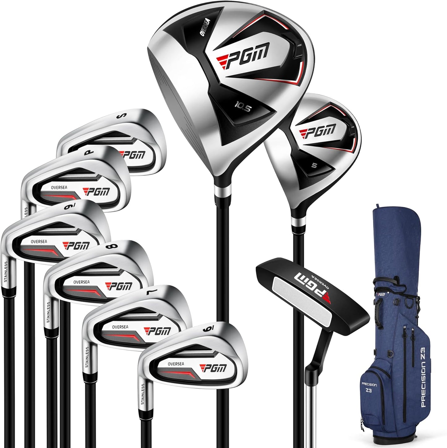 PGM Men's Oversea 9/12 Pieces Complete Golf Club Set with High-Strength Thin Face Design 460cc Driver High Forgiveness Ideal for Beginners