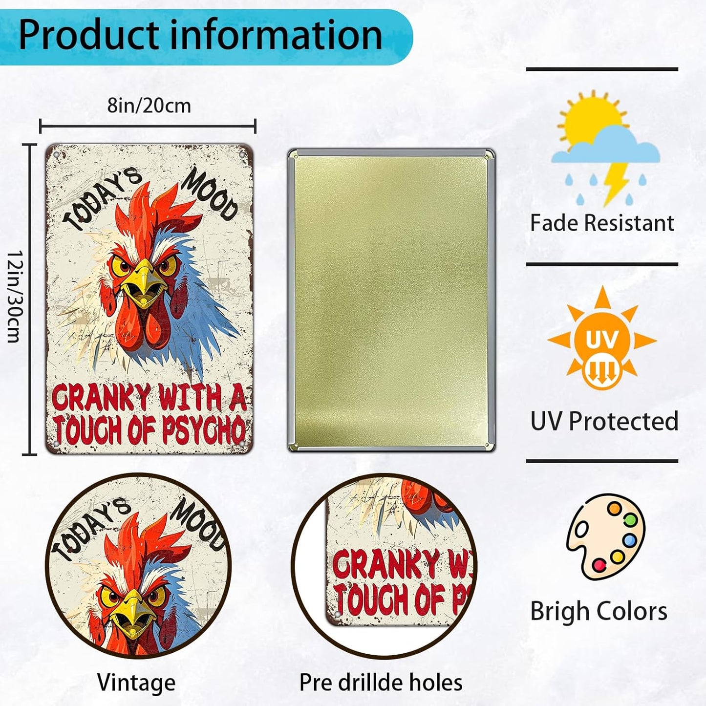 Funny Chicken Today'S Mood Metal Tin Sign 12x8 Inch Novelty Farm Chicken Tin Sign Farmhouse Rooster Poster Home Kitchen Garden Bar Restaurant Coffee Are Wall Decor