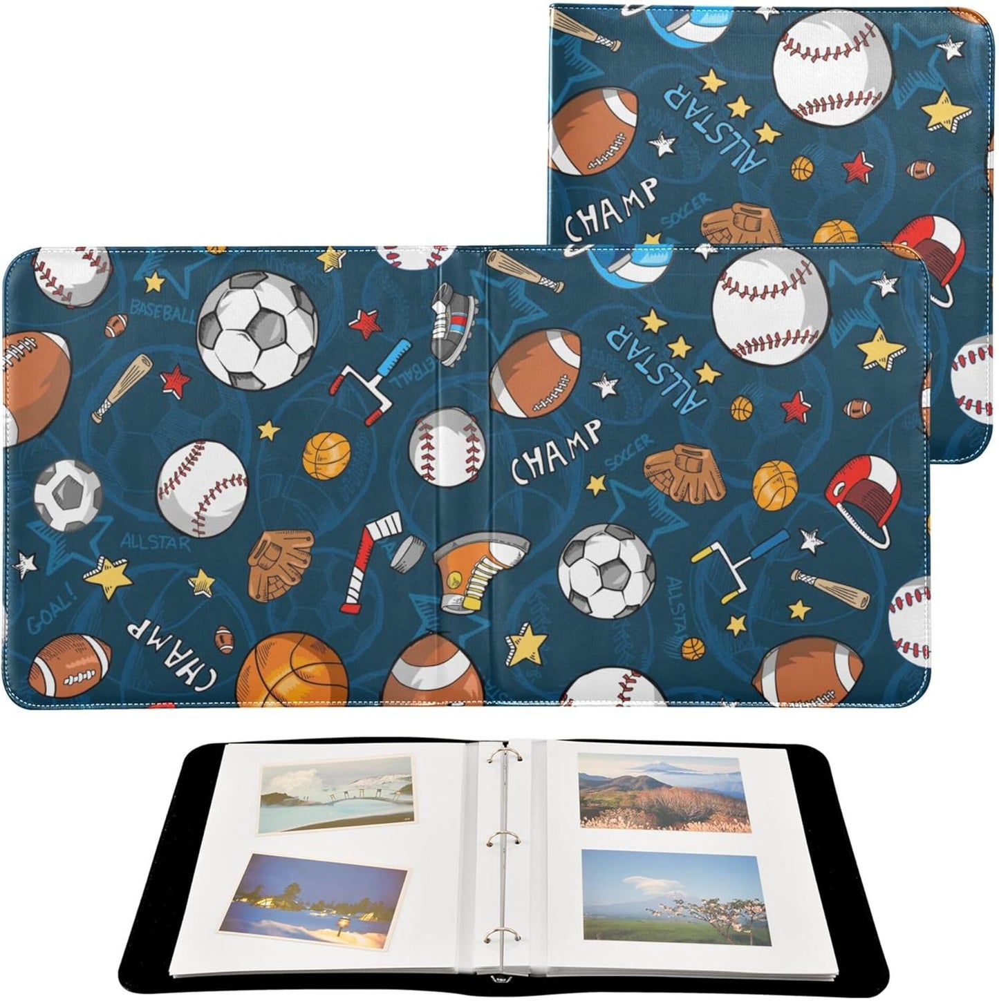 Fisyme Soccer Basketball Baseball Sports Photo Album Self Adhesive DIY Scrapbook Album for 2x3 4x6 5x7 6x8 Picture 20 Pages Memory Book for Family Wedding