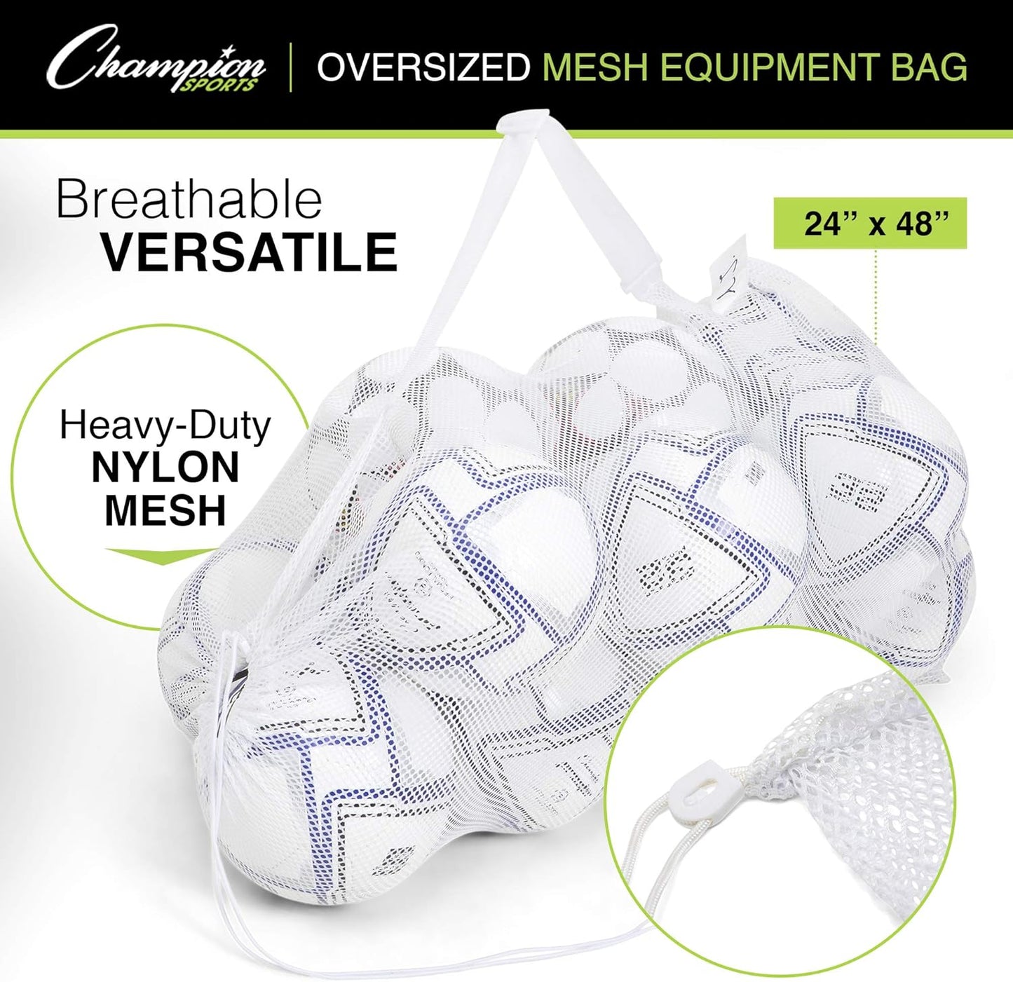 Champion Sports Mesh Equipment Bag – Heavy-Duty Nylon Drawstring Bag with Lock & ID Tag, Breathable Storage Sack for Balls, Swim Gear, Laundry & Toys, Multiple Sizes & Colors