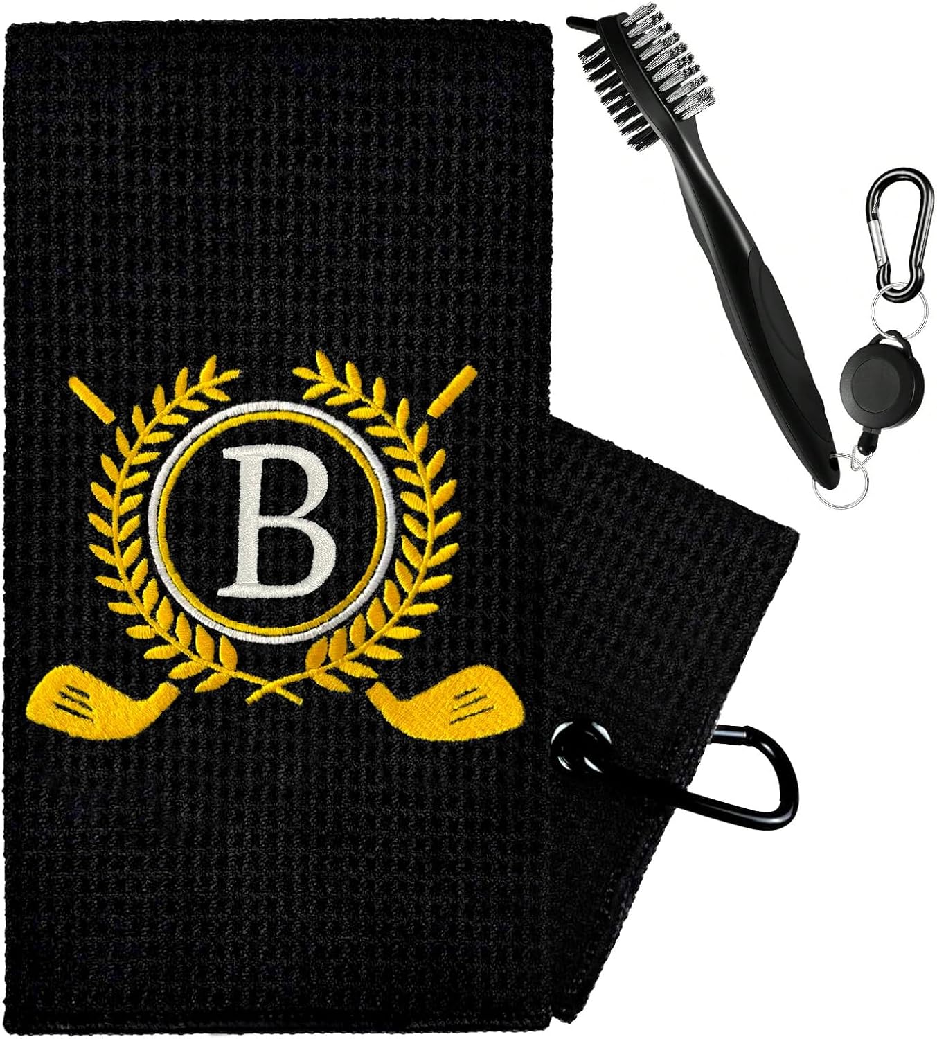 Personalized Golf Towels for Golf Bags - Microfiber Monogrammed Golf Towels for Men/Women, Retractable Brush Tool Kit with Club Groove Cleaner, Custom Golf Accessories for Golfers (Initial B)