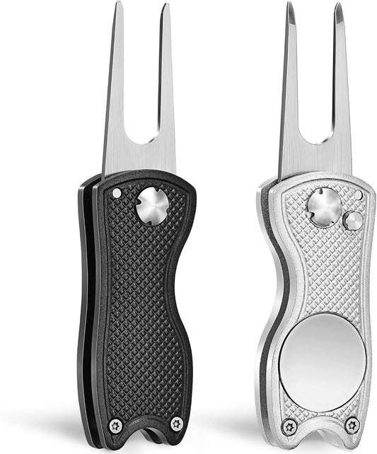 Mile High Life Golf Divot Repair Tool, All Metal Foldable Divot Tool with Pop-up Button & Magnetic Ball Marker, 2-6 Pack