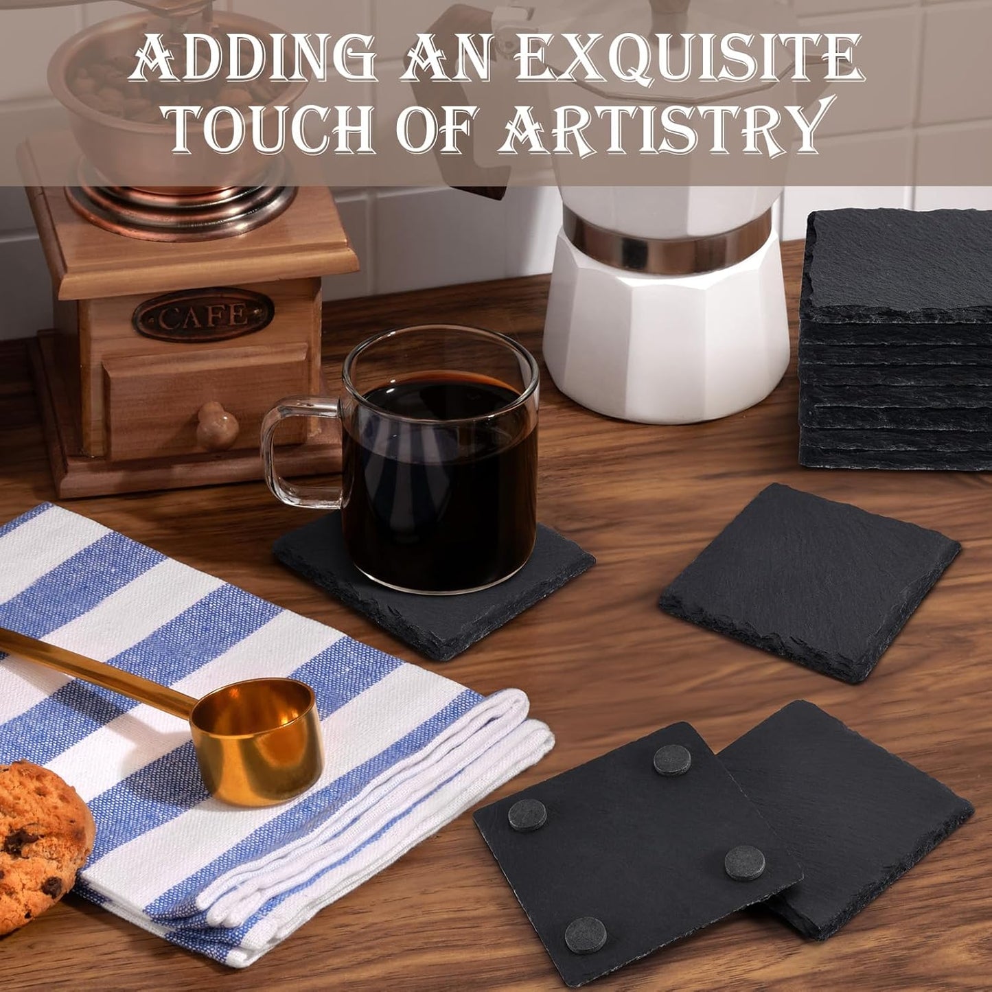 48 Pieces Slate Drink Coasters, GOH DODD 4 Inch Black Coasters Stone Coaster Set, Laser Engraving Blanks with Anti-Scratch Bottom for Home Office Bar Outdoor Housewarming Gifts Wedding Party, Square