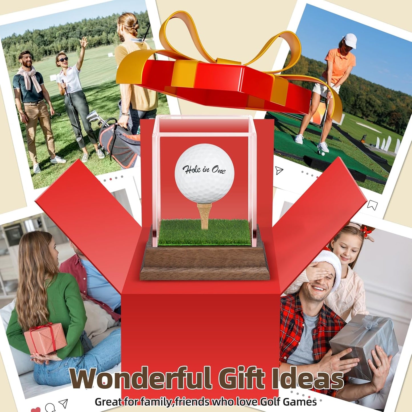 Golf Ball Display Case Hole in One Golf Ball Display Case Holder Wanult Wood Base Acrylic Golf Ball Holder Stand Lifelike Turf Wood Tee Memorabilia Showcase Square Cube Box Stand Golf Gifts Decor