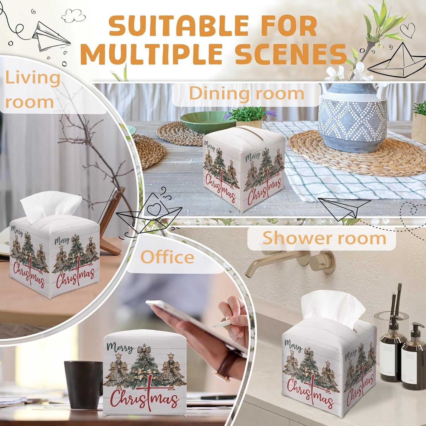 Leopard Print Christmas Tree Box Holder, Coquette Bow Sublimation Leather Tissue Box Cover Square, Paper Facial Decorative Tissues Cover for Night Stands Bathroom Office Home Decor-B29