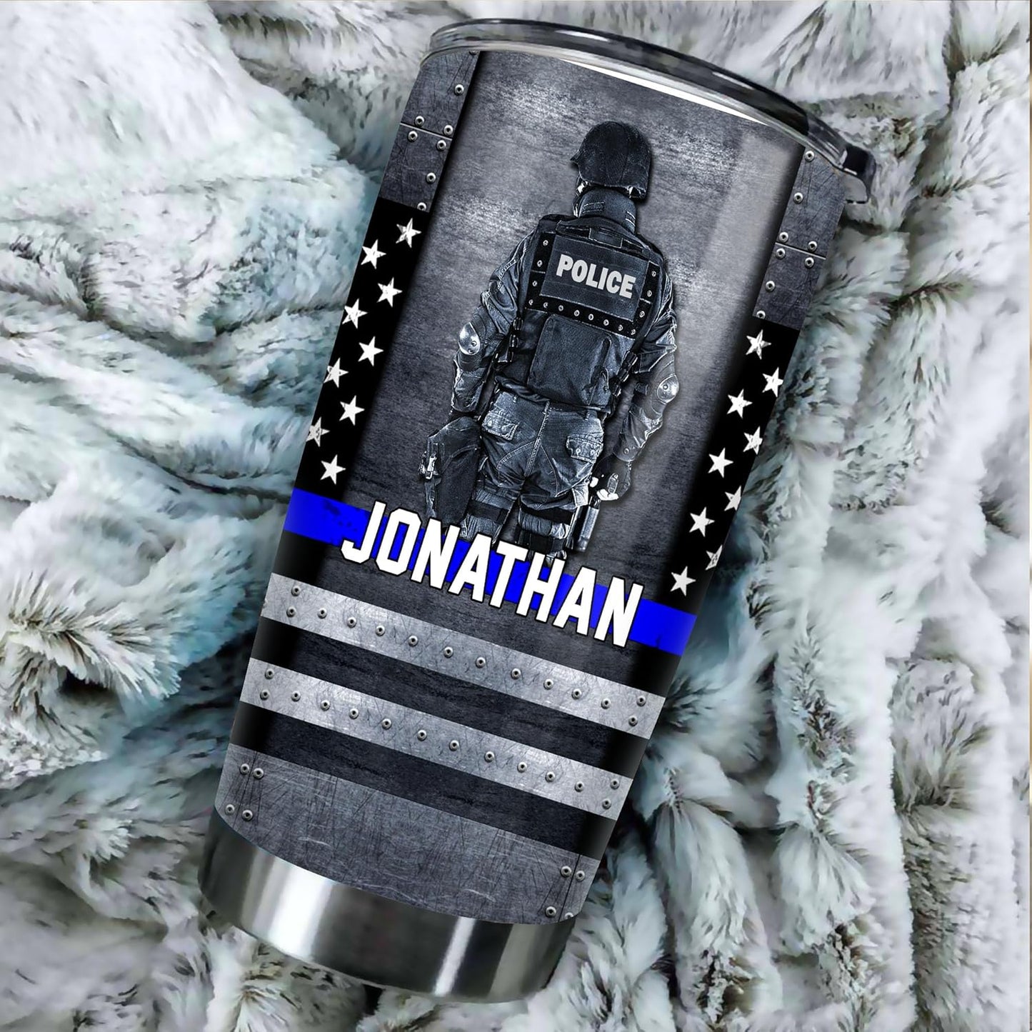 Policeman Police Officer Gifts - Custom Name Badge Number Thin Blue Line Lives Matter Flag Tumbler - Police Academy Graduation Retirement Birthday Gifts - 20oz Tumbler With Lid