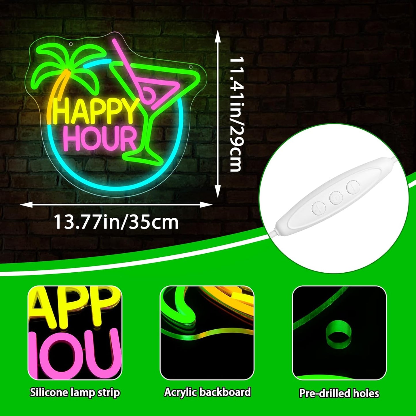Happy Hour Neon Sign for Wall Decor Dimmable Cocktail Neon Light for Man Cave Bedroom Bar Sign for Home Bar Beer Store Hotel Party Club Office Birthday Gifts Art Size13.7 * 12.5In(WZCP129)