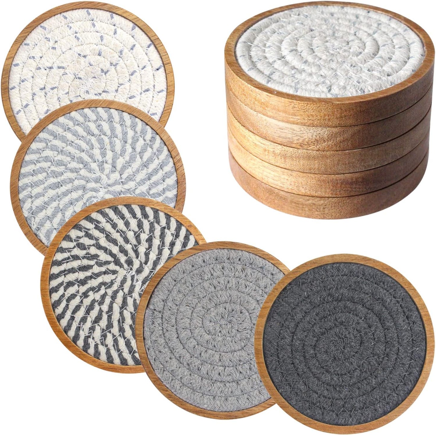 5 Pack Coasters for Drinks Absorbent, 4.3 inches Cork Coasters for Coffee Tables, Wooden Drink Coasters for Table Protection, Cute Coasters for Kitchen, Farmhouse, Bar, and Office (Gray Series)