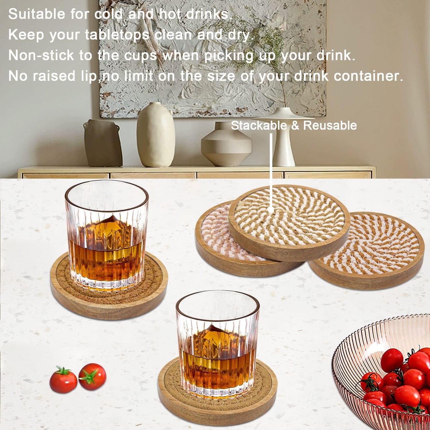 5 Pack Coasters for Drinks Absorbent, 4.3 inches Cork Coasters for Coffee Tables, Wooden Drink Coasters for Table Protection, Cute Coasters for Kitchen, Farmhouse, Bar, and Office (Brown Series)