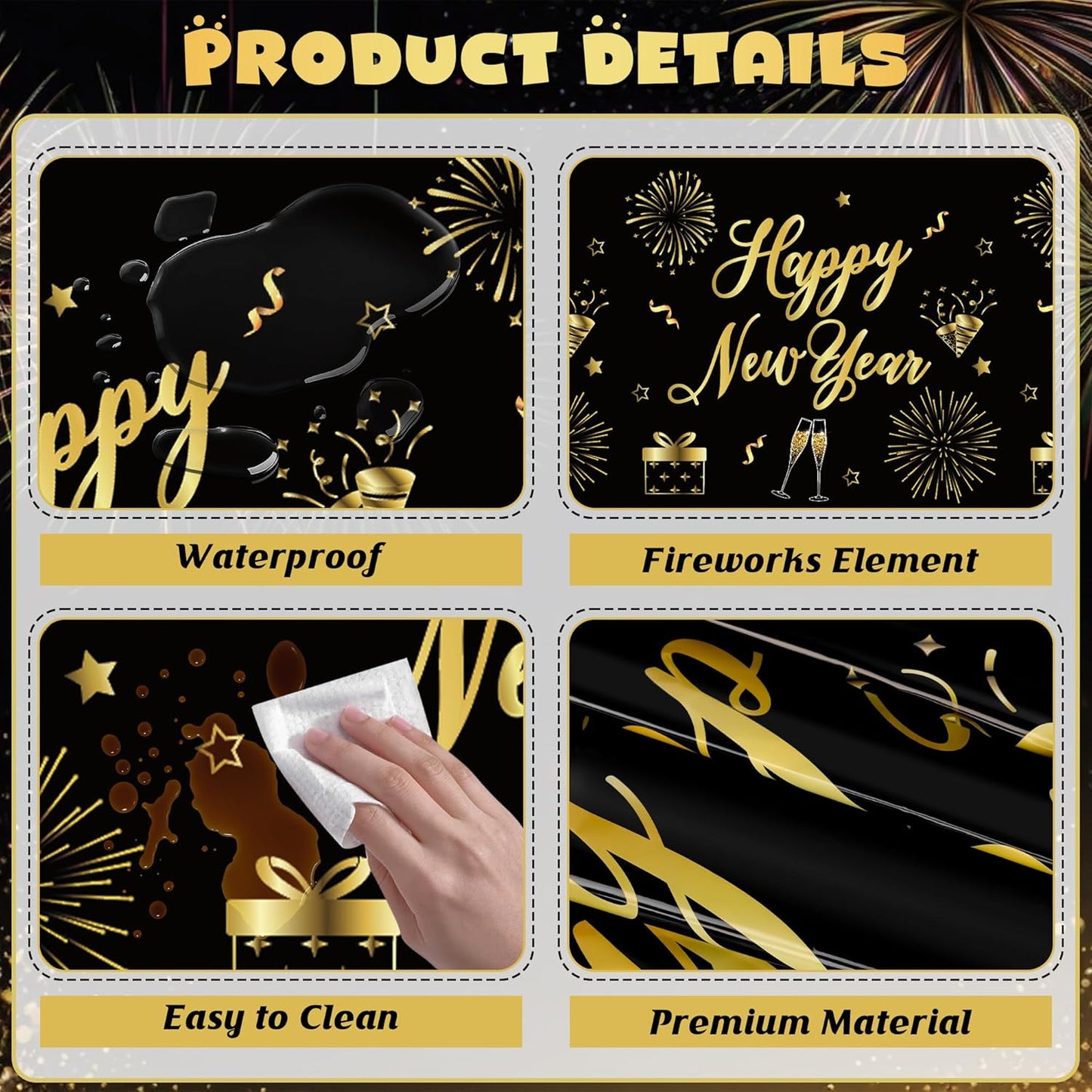 3 Pcs New Years Tablecloth, 108 x 54 Inches Disposable Plastic NYE Table Cover 2026, Rectangle New Years Eve Tablecloth with Black Gold Firework Design, Waterproof Table Cover for Nye Party Supplies
